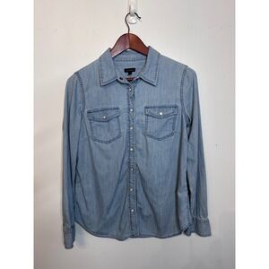 Talbots Womens Light Wash Cotton Chambray Western Snap Front Shirt Small Blue